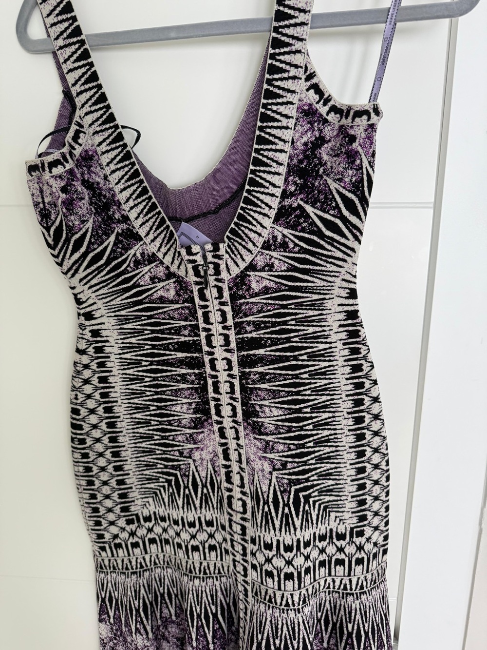 Herve Leger Black and Purple Patterned V-Neck Mini Dress - Picture 4 of 5